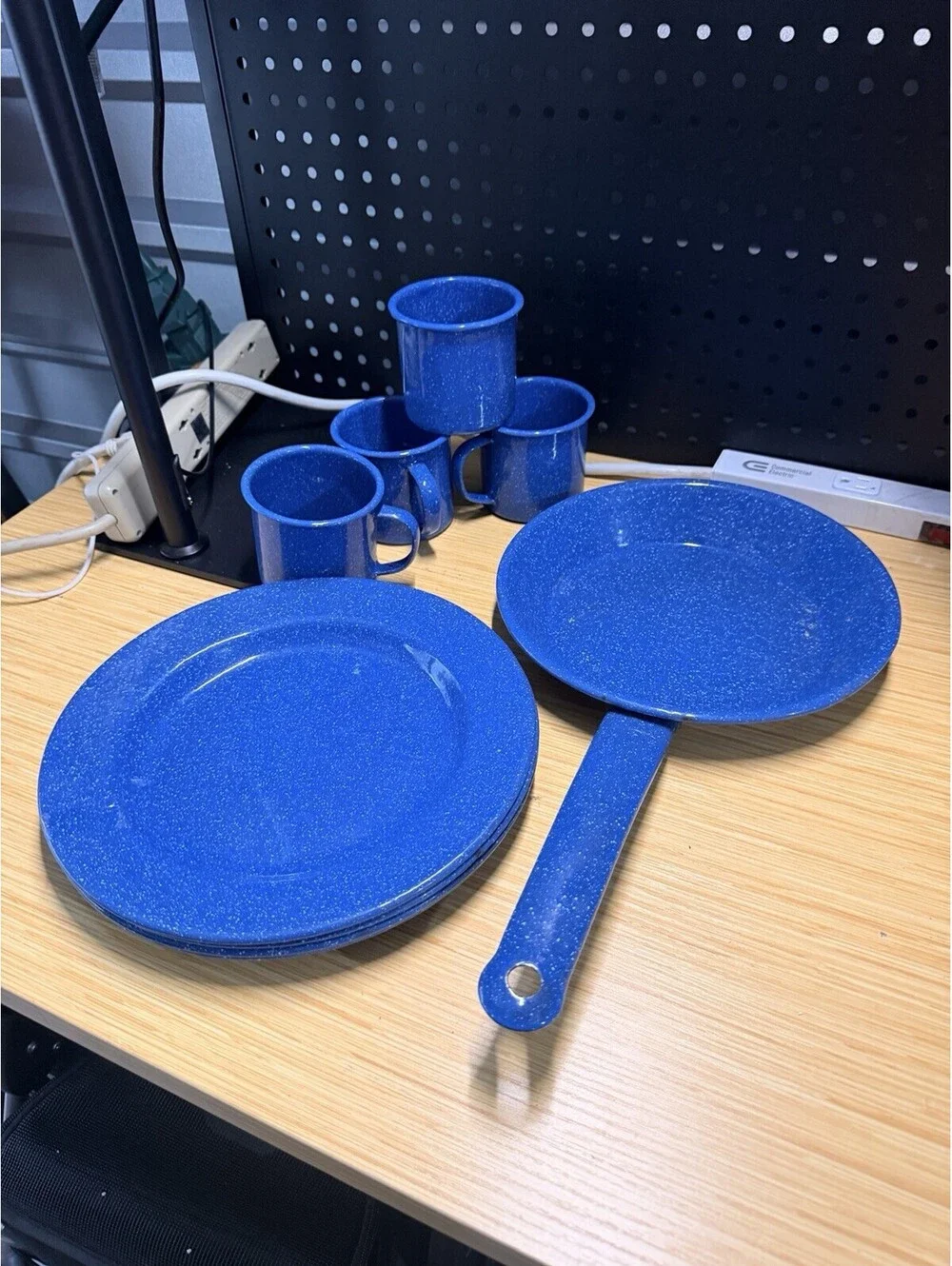 Blue Speckled 9 piece Camping Dish Set for 4 hiking skillet plates cups